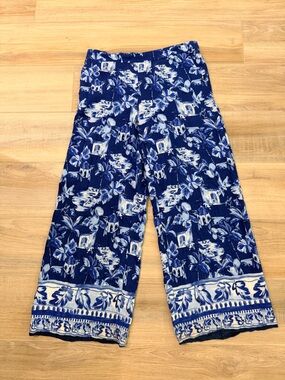 LOFT Blue & White Floral Wide Leg Pants Boho Resort Linen Blend